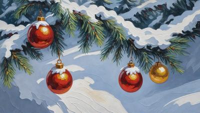 The primary subject of the image is a group of Christmas ornaments hanging from a tree. The ornaments are red and gold, and they are arranged in a visually appealing manner. The setting is a snowy environment, with the ornaments hanging from a tree in the background. The visual style of the image is a painting, which adds a sense of warmth and festivity to the scene. The colors and mood of the image are predominantly warm and cozy, with the red and gold ornaments standing out
